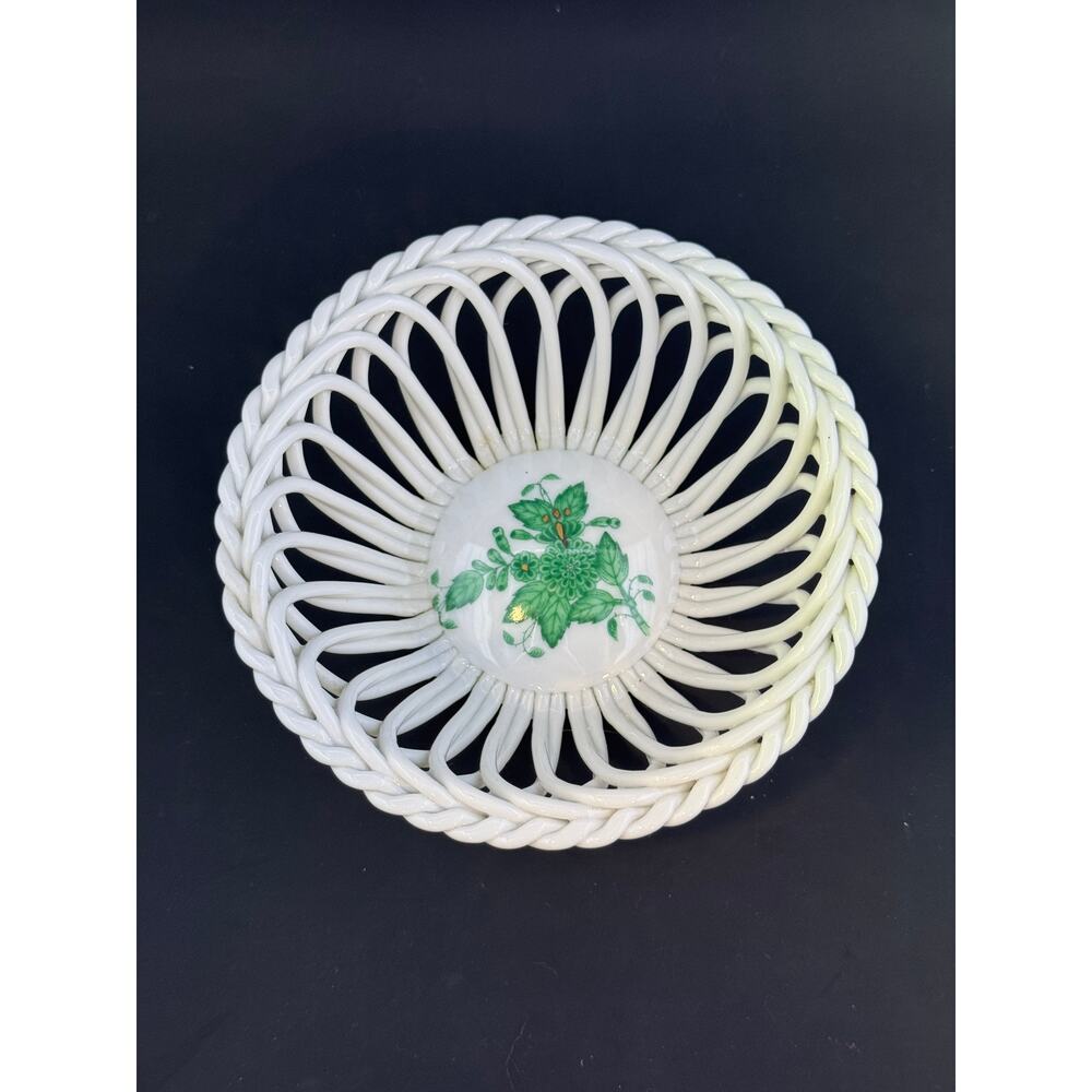 Herend Hungary Chinese Bouquet Green Open Weave Basket